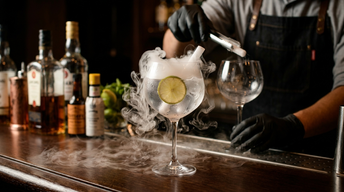 Préparation d'un cocktail spectaculaire avec de la glace carbonique sur un comptoir de bar.